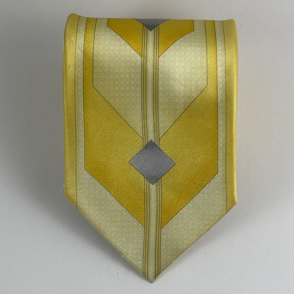 Bruno Conte Tie Mens OS Yellow Geometric Art Deco Hand Made Polyester Art Deco